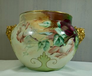 #1- Hand Painted Limoges Jardiniere W/ Elephant Handles - 13' W X 8.5' T