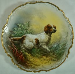 #11- Hand Painted , Signed Limoges Hunting Dog Charger - 11 5/8'