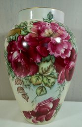 #16- Large  Hand Painted Limoges Rose Vase - 11.5' T X 7.5' W