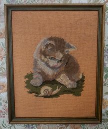 #195 Framed Needlepoint Cat 12 X 15 1/2