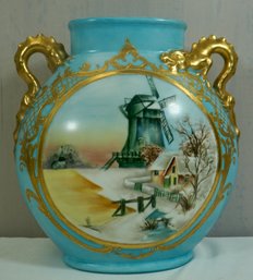 #36- Hand Painted, Signed Limoges Dragon Handled Vase10' W X 10' T