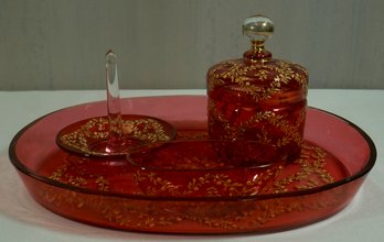 #69 - Moser Cranberry Glass Dresser Set, Hand Painted