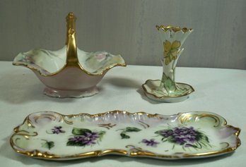 #96- Lot Of 3 Limoges- Tray, Basket, Hairpin Holder ( Tiny Chip Under Top)