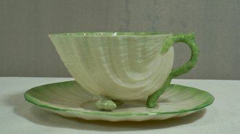 #102- Belleek Seashell Cup And Saucer- 2nd Black Mark