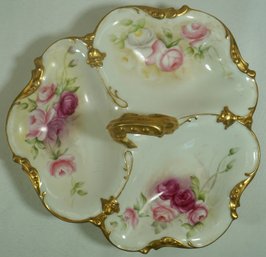 #113- Hand Painted, Signed Limoges 3 Section Candy Dish- 8.5'