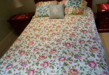 Reversible Pink, White, Green Floral Quilt & Quilted Shams Queen Size