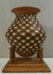 Mata Ortiz Pottery - Geometric Vase - Signed By Artist Luiz Martinez- 4.5' W X 4.5' T