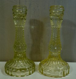 LD- Pair Of Yellow / Vaseline ? Glass Taper Candlesticks 6.5' T