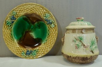 Lot Of 2 Majolica- 7.5' Plate- 5' Covered Jar ( Tiny Chip Under Lid)