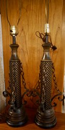 #108 Pair Of Mid Century Wood & Wrought Iron Lamps 36'T