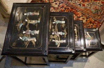 #138 Set Of 4 Asian Black Lacquered/ Applied Figures Nesting Tables