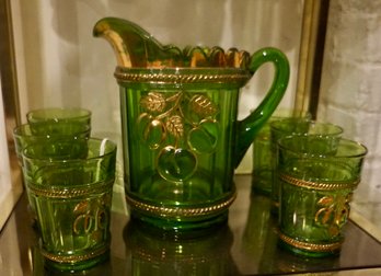 #152 Green & Gold Pitcher & 6 Glasses