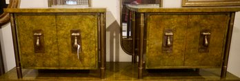 #154 Mid Century Mastercraft Bernhard Rohn Burlwood Pair Of Green End Tables