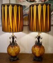 #164 Pair Of Mid Century Amber Glass / Gold & Black Wrought Iron Lamps 39 1/2'T