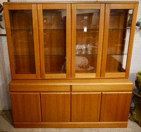 #168 Mid Century 2 Piece Teak Lighted China Cabinet