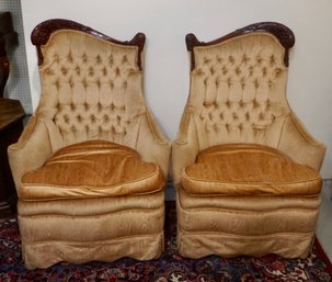 #197 Pair Of 1920's Upholstered Carved Mahogany Chairs