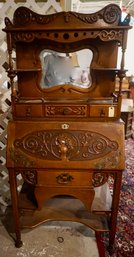 #222 Turn Of The Century Carved Oak Arts & Crafts Writing Desk Beveled Mirror