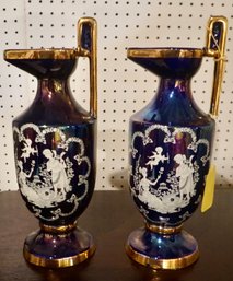 #226 Pair Of Gold & Cobalt Luster Glass Ewers 13 1/2'T