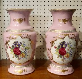 #235 Pair Of Pink Porcelain Crossed Swords Signed Vases 14'T