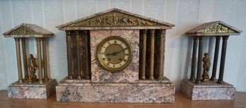 LR#254  Antique French Marble Art Deco Mantel Clock Set