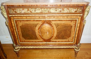 LR#256 Louis XVI Flame Mahogany/zebra Wood Inlaid, Brass Accents, Marble Top Cabinet