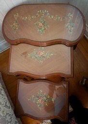 LR#258 Hand Painted Mahogany Glass Top Set Of 3 Nesting Tables