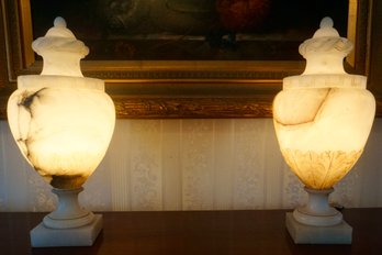 LR#262 Pair Of Alabaster Etched Lighted Lamps 16'T