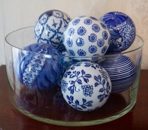 LR#268 Lot Of 10 Decorative Blue & White Balls In  A Bowl