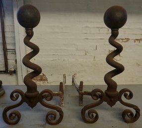 B#349 Pair Of Cannonball Top , Corkscrew Column Andirons ( Bradley And Hubbard ?? ) 23' T X 12 1/2' W X 22' T