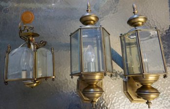 #355 Lot Of 3 Brass & Glass Light Fixture (2 Sconces & 1 Hanging)