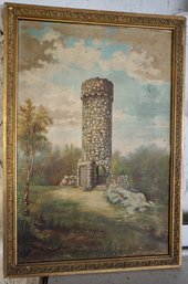 B#357 Antique Oil On Canvas Painting Of Norumbega Tower In Weston MA 18'W X 26'T