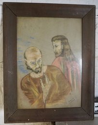 B#358 Antique Framed Pastel 2 Men N Brannen Signed 21 X 27