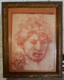 B#360 Antique Facsimile Andrea Del Sarto Framed Red Sketch Signed 14 1/2' X 18'