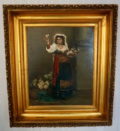 UH#370 Fantastic Frame Gypsey Lady Oil On Board Painting Signed