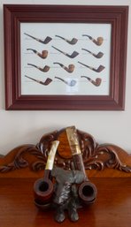 B#376 1920's Pipe Stand & London Briar Pipes W/ Framed Print