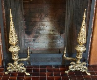 2B#32 Ornate Victorian Brass Andirons W/ Griffins, Cherubs,  27'T X 11'W