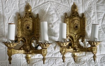 3#445 Pair Of Turn Of Century Brass Sconces 12'L X 9'W