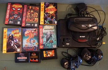 3#447 Gensis 16 Bit Console & 32 Bit Adapter, 2 Controllers & 9 Games