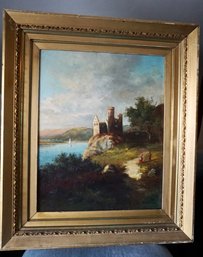 3#453 Framed European Castle Oil On Canvas 23 X 27