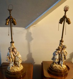 3#457 1920's Pair Of Bisque Figural Lamps 29'T