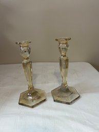 Pair Of Glass Candlesticks 9'T