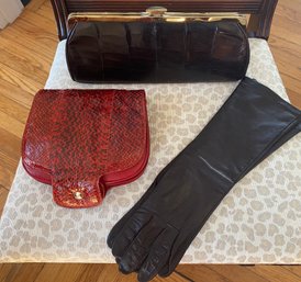 Saks Fifth Ave Red Leather Clutch, Brown Leather Clutch And French Leather Gloves With Silk Lining Size 7