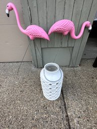 2 Plastic Lawn Flamingos And White Ceramic Lantern - G16