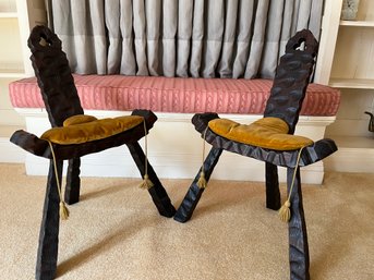 Mid Century Brutalist Spanish Carved Wooden Tripod Chairs - LV