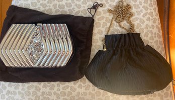 Vintage Silver Hard Case Clutch From Jordan Marsh & Black Satin Evening Bag By La Regale