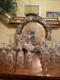 Towle Silver Platter And Large Set Of Crystal Glasses