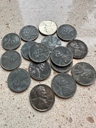 16 (Sixteen) Zinc Wheat One Cent Coins Including 1943D - 30