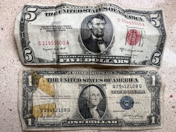1935 E Silver Certificate $1 Bill & 1953 B Red Seal $5 Bill - 27