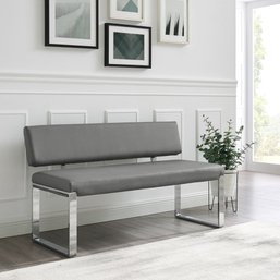 #90 Inspired Home Upholstered Grey Bench With Back Chrome Square Legs Padded Bench PU Leather Perdonio