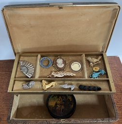 Vintage Leather Tooled Jewelry Box Fashioned By Farrington & All Contents 12K Pin & More Pins